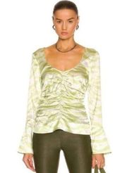 Ganni Ruched Organic Silk-Blend Top Green Zebra Print Size 36