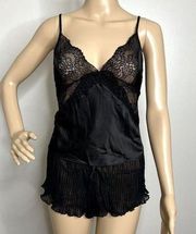 Black Satin Two Piece Sleepwear Set Top Shorts