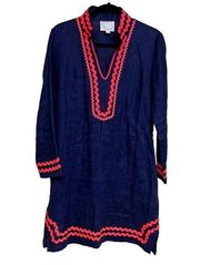 Sail to Sable Ric Rac Embroidered Linen Shift Dress Navy Blue/Coral Size Medium