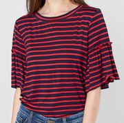 Buckle Gimmicks Red & Navy Striped Ruffle Sleeve Raw Edge Top Size Medium