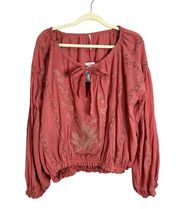 Free People  Maria Maria Lace Blouse Womens Size S Coral Embroidered Peasant Top