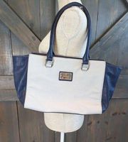 Nine West Tote Bag Women's White Blue Faux Leather Zippered Top