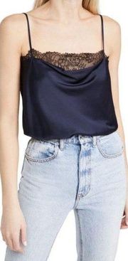 CAMI NYC Romy Lace Trimmed Silk Blend Bodysuit Cowl Neck Blue Women's Small