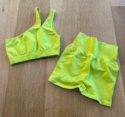 Camila Coelho Belmira Sports Bra and Yana 2 Inch Hot Short in Chartreuse Yellow