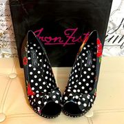 Iron Fist Society Suicide Polka Dot Floral Satin Heels Sz 6