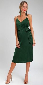 . Forest Green Silk Wrap MIDI Dress