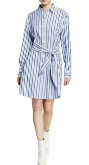DEREK LAM 10 CROSBY Tie Long Sleeve Mini Shirt Dress Blue Stripe In Size 4