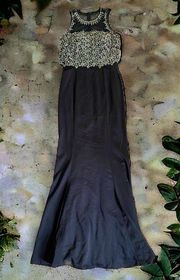 NWOT  maxi high neck beaded bodice prom dress black green