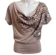 Heart Soul cap sleeve cowl neck animal print blouse pullover top tan gold black