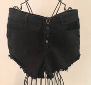 Black High Waisted Fringed Bottom Shorts