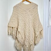 Handmade Knit Sweater Poncho with Fringe Trim Cream  One Size Asymmetrical Boho