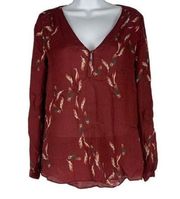 Massimo Dutti Women’s 100% Silk Feather Print V-Neck Blouse Size 6