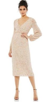 MAC DUGGAL Sequin Long Sleeve Cocktail Midi Dress in Nude Size US 14