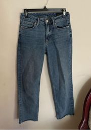 AllSaints Harper Cropped High-Rise Straight Leg Jeans Raw Hem Denim Size 26