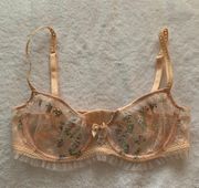 Women's XXS  Emma Peach Floral Embroidered Lace Sheer Underwire Bra