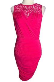 Cynthia Steffe Ruched Cocktail Dress XS Pink Lace Yoke Button Keyhole Bubble Hem