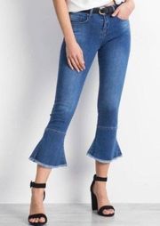 Chelsea & Violet High Rise Flared Hem Crop Jeans Distressed Frayed Size 25