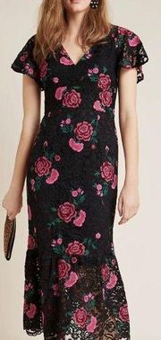 Anthropologie Shoshanna Audette Rose Embroidered Lace Midi Dress Floral Size 4