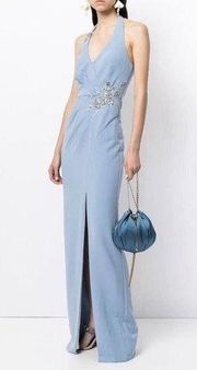 Marchesa Notte Halter V-Neck Embellished Column Gown in Dusty Blue NWT