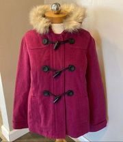 L.L. Bean Pink Peacoat With Faux Fur Trim Removable Hood Women’s Size M