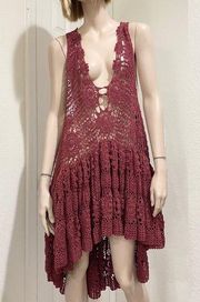 FREE PEOPLE Burgundy Crochet High Low Swim Coverup Dress Size XS/S