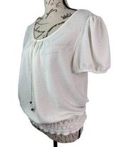 IN San Francisco Scoop Tie Neck Smock Waist Top Lace Floral Back White Women M