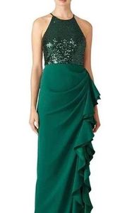 Badgley Mischka Green Crepe Sleeveless Sequin Ruffle Maxi Gown Dress Size 10