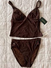 NWT Lauren Ralph Lauren Brown Burnout / Wrinkle Texture Tankini Set - 14