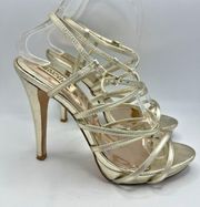 BADGLEY MISCHKA IDOL Metallic Gold Straps Heels Leather Sandals Size 8.5