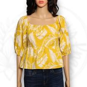 Sim & Sam Puff Sleeve Leaf Print Square Neck Top Blouse Yellow & White Sz XL