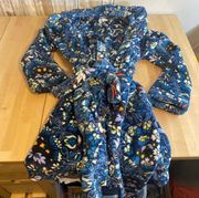 Hooded Bath Robe Size S/M Navy Blue Floral Design