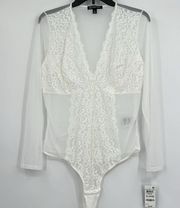 INC  International Concepts Lace Mesh Bodysuit in White NWT Size Large