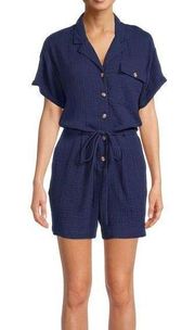 Beach Lunch Lounge Womens Cuff Sleeve Button Romper with Tie Waist