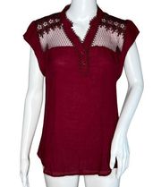 Miss Daisy Shirt Womens Large Maroon Lace Trim Button Placket Blouse Bohemian