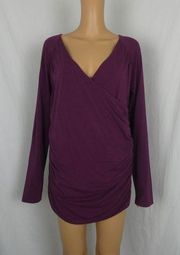 Garnet Hill Juliet Faux Wrap V Neck Draped Ruched Long Sleeve Blouse Top Purple