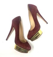 Charlotte Olympia Dotty Suede Platform Pump Burgundy Gold Size 40 / US Size 10