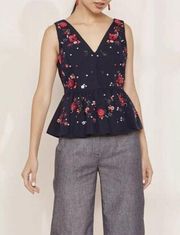 J CREW Blue Red Linen Blend Sequin Beaded Flowers V Neck Sleeveless Peplum Top 8