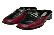 Y2K:  ❁ Croc Embossed Leather Low Heel Slide Mules ❁ Black Red + Silver