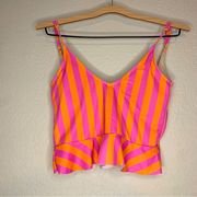 Kortni Jeane Peplum Ruffle Swim Top Pink and Orange Stipe Bikini Top Size S