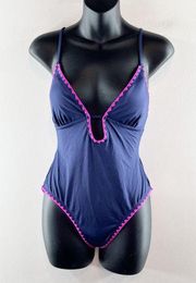 Lucky Brand Crochet Trim One Piece Open Back Bathing Suit Navy Blue Pink Medium