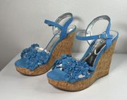 CARLOS BY CARLOS SANTANA WEDGE FLORAL HEELS SIZE 8.5 GORGEOUS BLUE