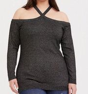 Torrid metallic PULLOVER CROSS NECK COLD SHOULDER SWEATER