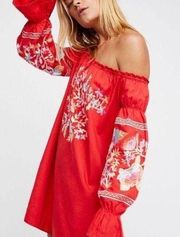 Free People Fleur Du Jour Embroidered Mini Dress in Red