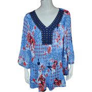 Woman Within Blue Red floral CRINKLE peasant top 18/20  1X Beaded Neckline