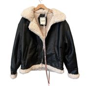 NEW! HOUSE OF CB Madden Faux Leather Bomber Jacket with Faux Shearling Trim (S)