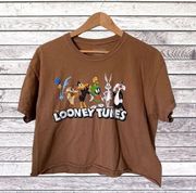 Looney Tunes Brown Cropped Graphic Crew Neck Tee Women's SZ L