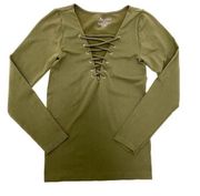 Suzette Collection Lace Up Top Long Sleeve V-neck in Olive Green Size S