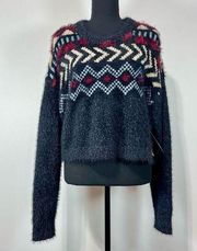 New  Semi-Cropped Textured Fuzzy Nordic Sweater Sz L Women’s Navy Super Soft