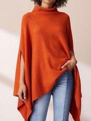 Lou & Grey Wool Blend Burnt Orange Asymmetric Poncho Turtleneck Sweater One Size