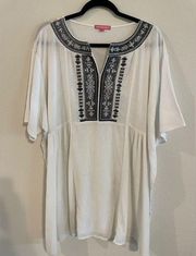 Woman Within 100% Cotton White Flowy Embroidered Front V Neck Bell Sleeve Tunic